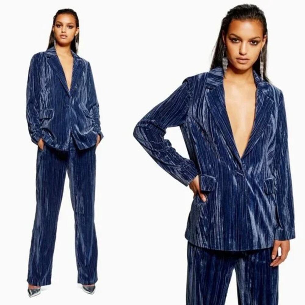 TOPSHOP Velvet Blue Crinkle Oversized Blazer NWT US 4